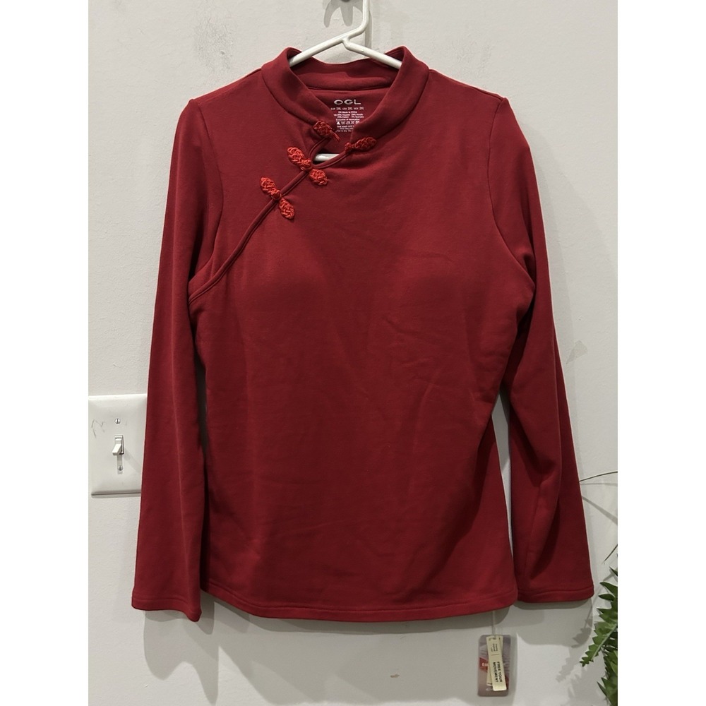 NWT OGL Women's Mid Thermal Mandarin Collar Red Built In Bra Top Sz 2XL